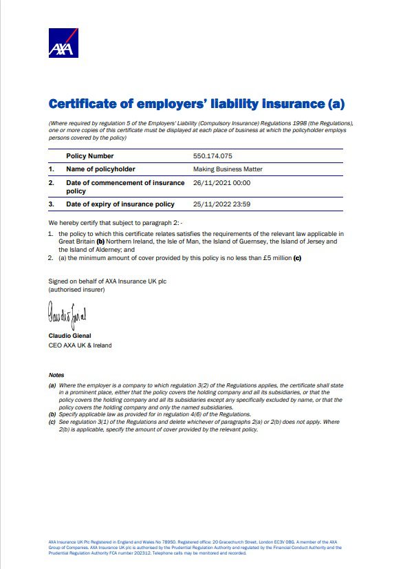 Employer Liability Insurance Certificate