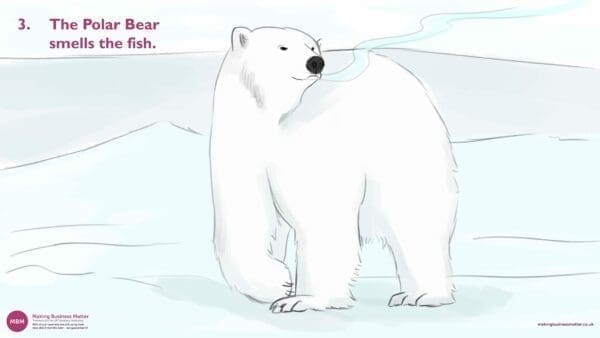 Cartoon polar bear smelling out the fisherman in free-fish negotiation concept from MBM