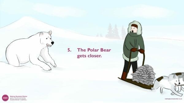 Eskimo panicking as polar bear gets closer in free-fish negotiation concept from MBM