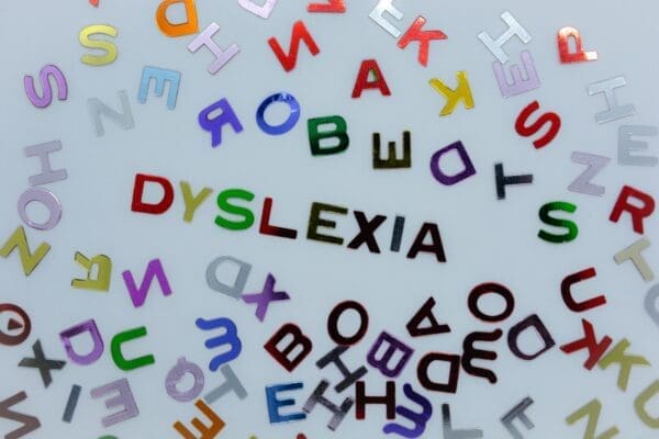 Dyslexia spelled from random colourful letters