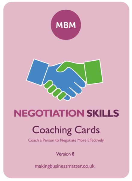 Purple MBM Negotiation skills coaching cards with shaking hand icon