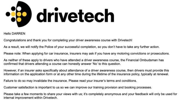An email from Drivetech with joining instructions