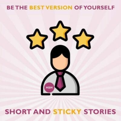 MBM podcasts poster Short and Sticky Stories with three stars and a cartoon man