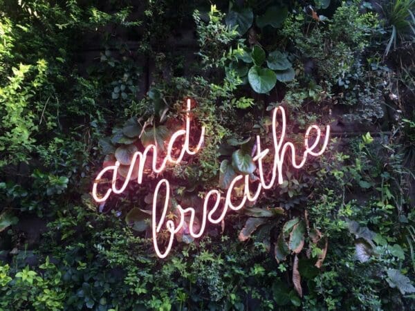 And breathe neon sign on a green wall