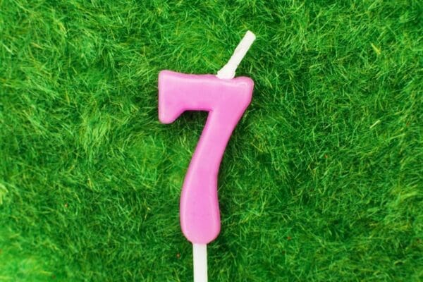 Number 7 candle on the green grass background