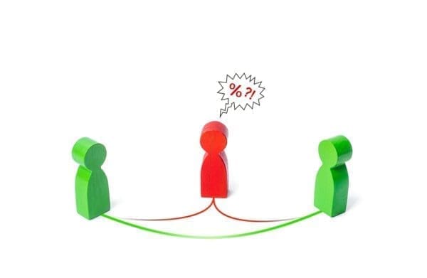 three colored figures connected by a line demonstrating communication