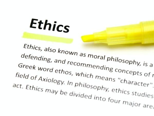 Ethics with a definition underneath underlined with yellow highlighter