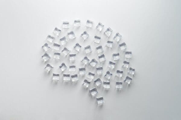 A brain made up of ice cubes on a white background