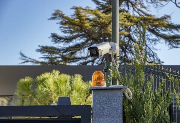 Security camera near a pole outdoors with trees in the background