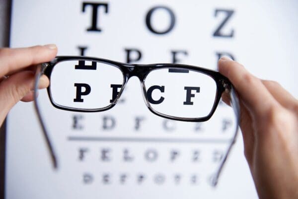 Looking through glasses focussing at an opticians eye-test chart