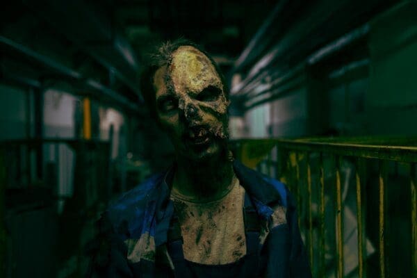 Close up of a zombie against a dark background