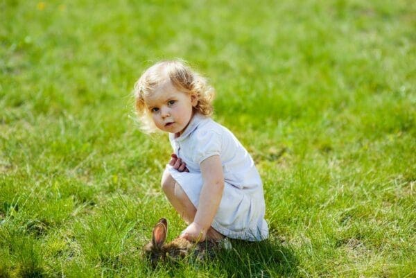 Young girl on the grass with a rabbit for transactional analysis