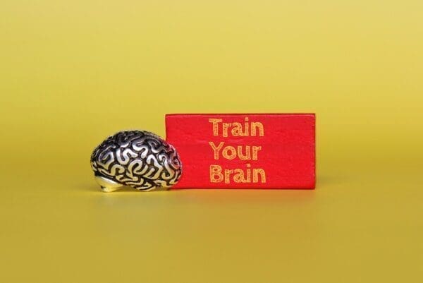 Brain model and red wooden cube with 'train your brain' written on