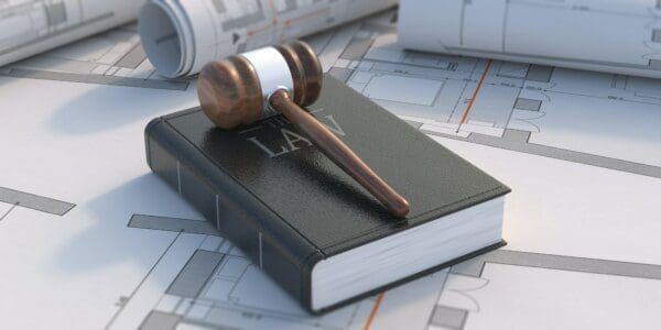Wooden gavel on top of a thick block law book containing employment law rules