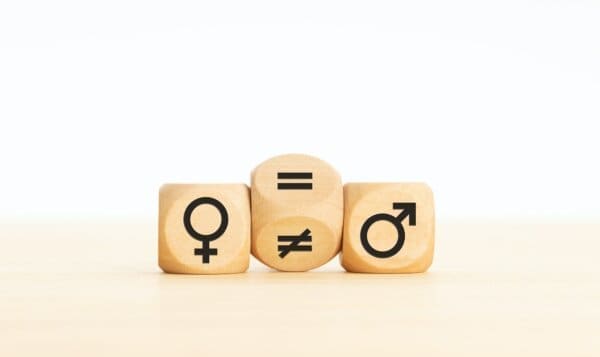 3 wooden blocks have female, male and equal symbols represent gender equality