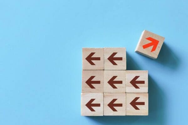 Wooden cubes with red arrow facing the opposite direction from brown arrows