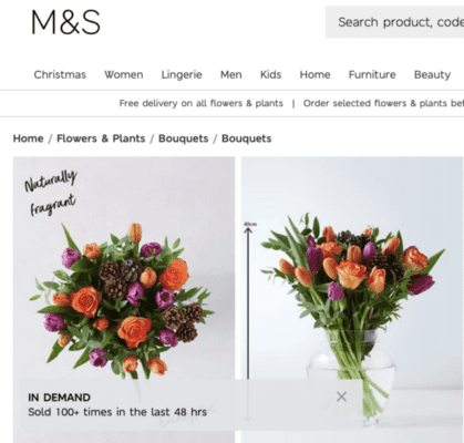 Screenshot of M&S website showing number of times sold for purple and orange flower bouquet 