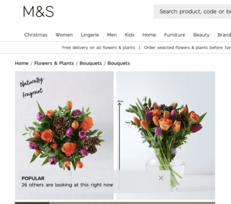 Screenshot from the M&S website showing two popular bouquets of orange and purple flowers