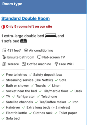 Screenshot of booking.com showing only 5 rooms left for a persuasion technique to get people to do what you want