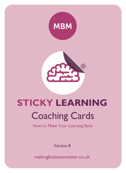 Sticky Learning Coaching Card with pink brain icon and MBM logo