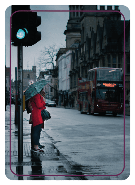 Picture Coaching Card from MBM showing girl with an umbrella waiting on a bus