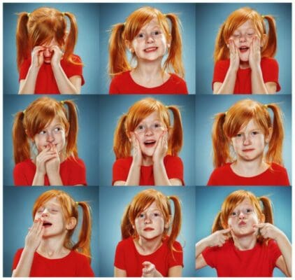 Collage of girl in red shirt with different facial expressions for persuasion to get people to do what you want