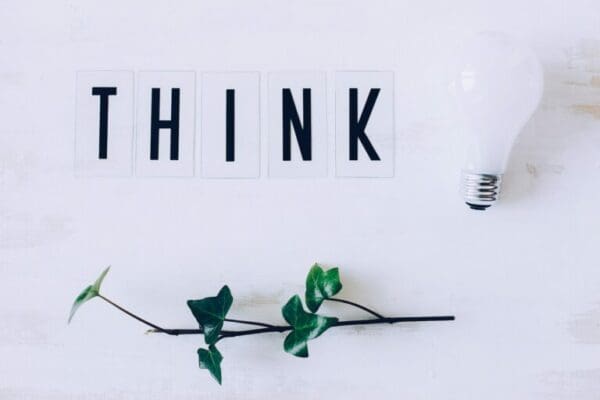 Think spelt with white cards on a white clean surface next to a lightbulb and a green tree branch