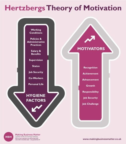 Infographic showing the Hygiene factors and motivators of the Hertzberg's Theory of Motivation
