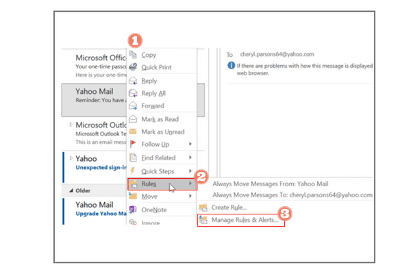 Outlook mail settings to set a rule for email alerts