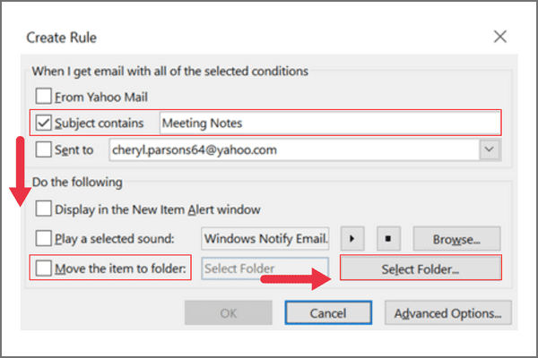 Outlook mail settings to set a rule for email alerts using rules wizard