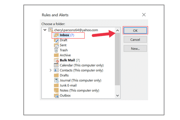 Outlook mail settings to set a rule for email alerts selecting folder