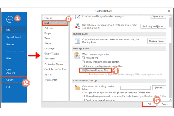 Outlook email settings to stop email notification