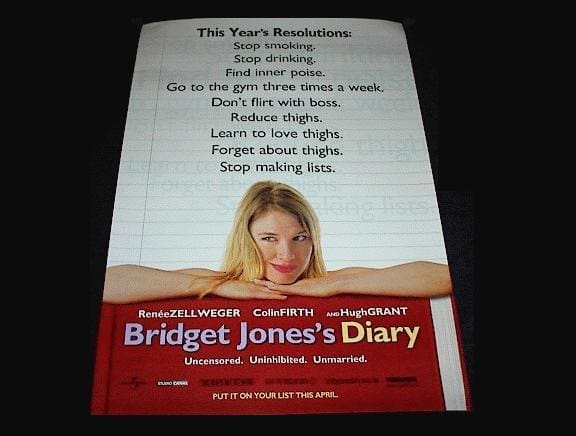 Bridget Jones's Diary with girl and this year's resolutions list
