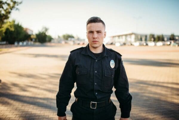 Male ISTJ police officer in uniform on the road