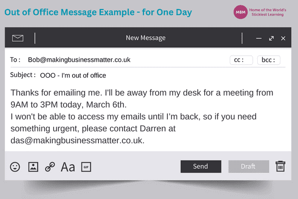 Email message for out of office for one day