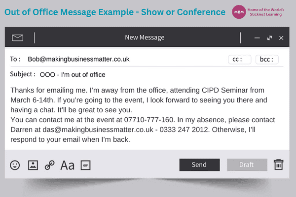 Email message for away at show a or conference