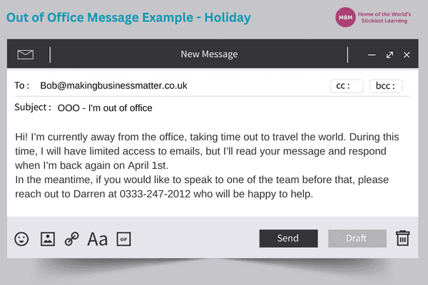 Email message for out of the office on a holiday