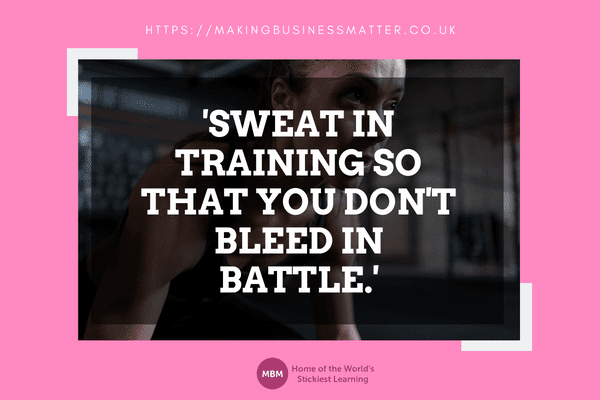 Sweat in training so that you don't bleed in battle quote with MBM logo
