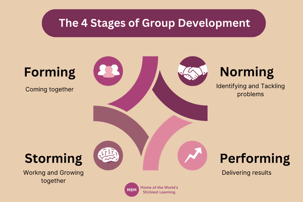 Purple infographic of the 4 Stages of Group Development