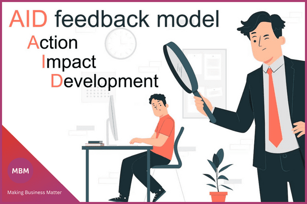 AID feedback model blog post image with cartoon manager looking at employee