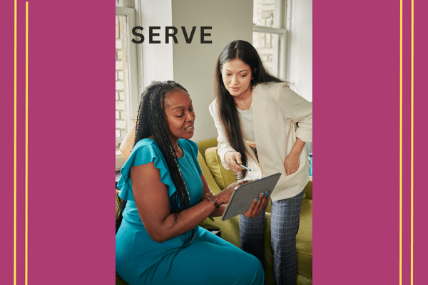SERVE blog post image with female leader helping businesswoman for leadership strategies