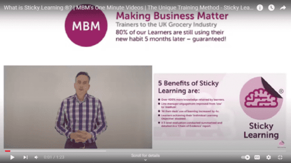 Links to YouTube video on Sticky Learning from MBM by Darren A Smith