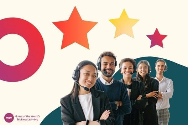 Group of happy productive employees with three stars above their heads
