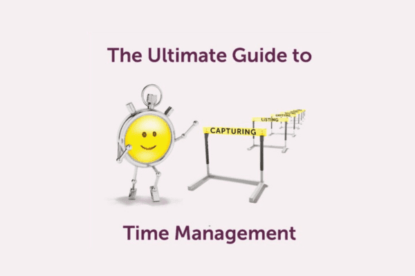 Time management Ultimate Guide banner with a yellow carton stopwatch and hurdles