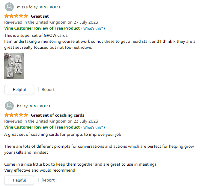 Amazon five stars review for Advanced Grow Coaching cards from MBM