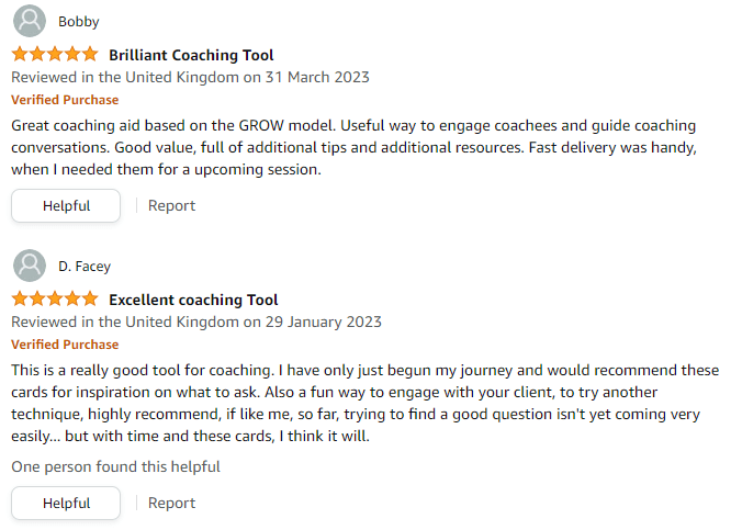 Amazon five stars review for Grow Coaching cards from MBM