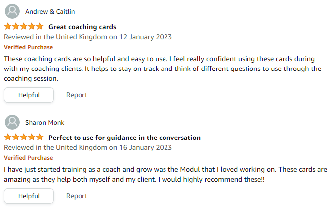 Amazon five stars review for Grow Coaching cards from MBM