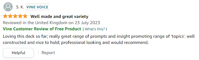 Amazon five stars review for NLP Coaching cards from MBM