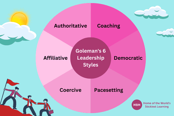 Pink pie chart diagram showing Goleman's 6 Leadership Styles