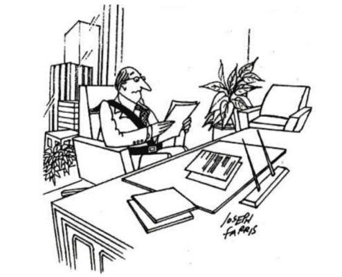 Cartoon black and white drawing of a man reading paper